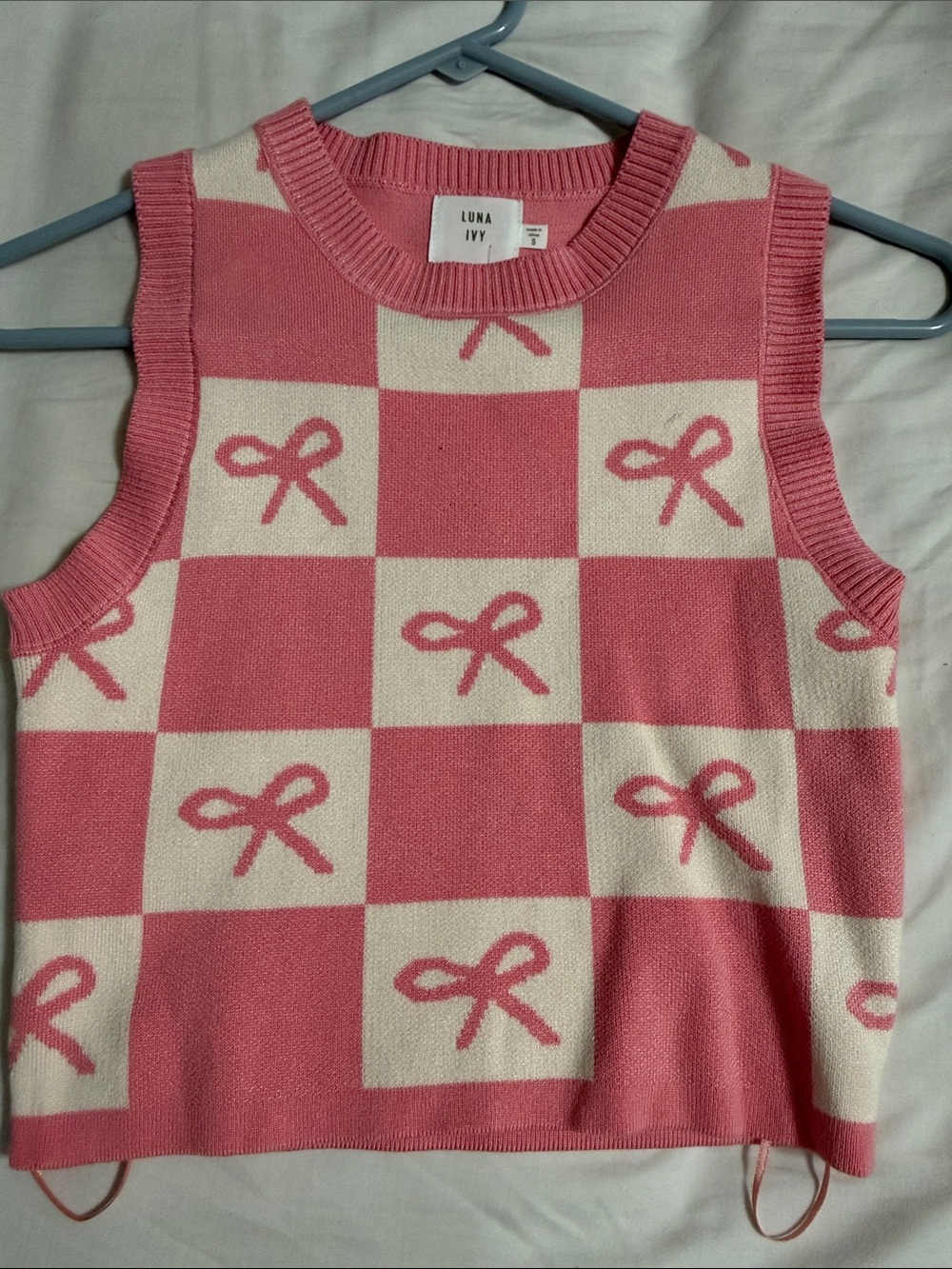 Luna Ivy Pink & Cream Bow Checker Knit Tank
